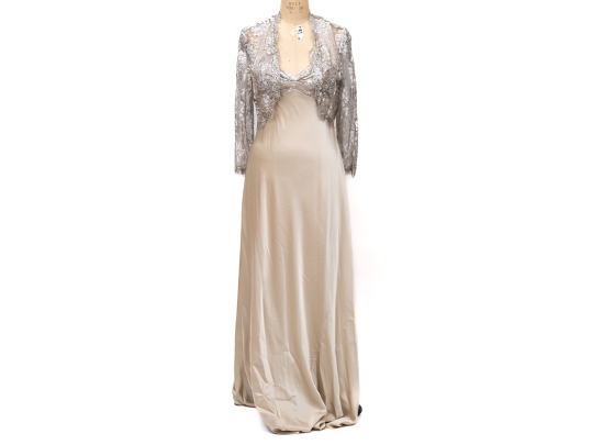 Fantastic Calvin Klein Beige Evening Gown With Lace Shoulder Cover, Size 12