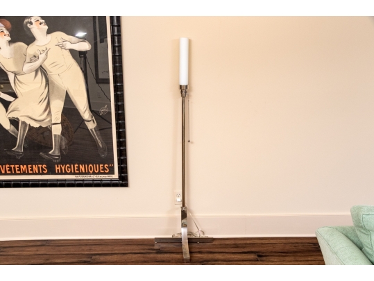 Quality Pair Of Chrome Framed Floor Lamps With Opaque Glass Shades