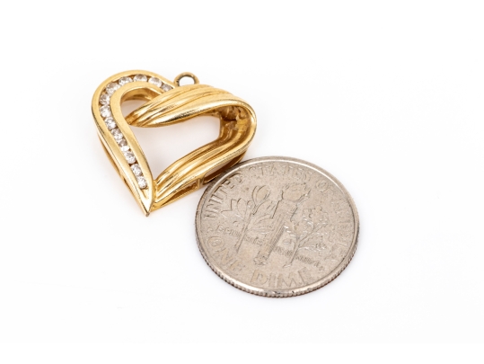 10k Yellow Gold Retro Channel Diamond Set Ribbed Open Heart Pendant, App. 0.07 TCW