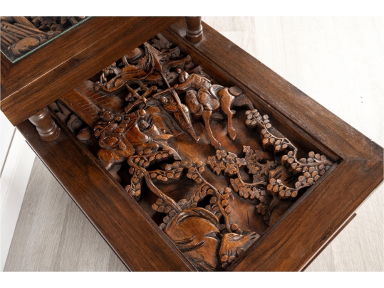 Mid-20th Century Chinese Hand-Carved Tiered Side Table With Figural Panels