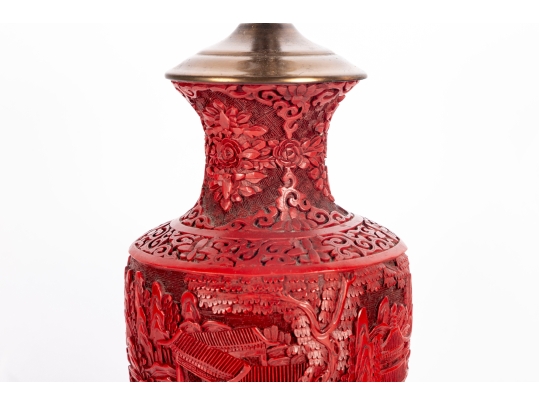 Vintage Carved Cinnabar Table Lamp