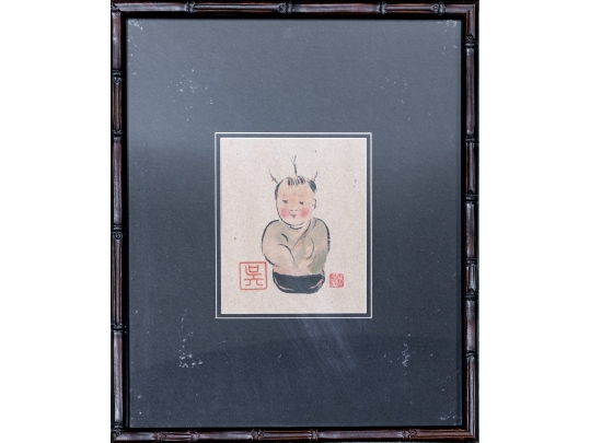 Asian Watercolor On Paper, Cheerful Infant
