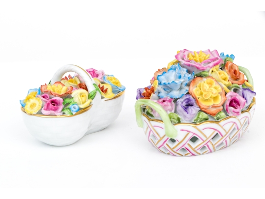 Two Herend Hungary Hand-Painted Porcelain Vibrant Floral Baskets 