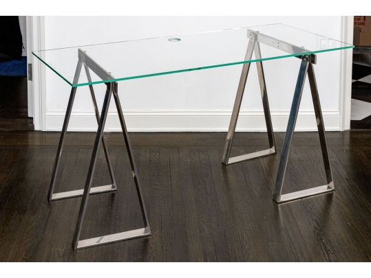 Chrome Framed Glass Top Desk With Sawhorse Form Pedestals
