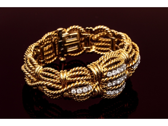 David Webb 18k Yellow Gold Stunning Vintage Diamond Set Rope Motif Bracelet, With Hidden Watch