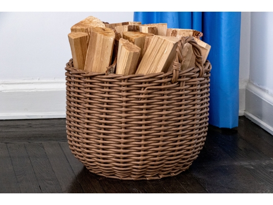 Twin Handled Wicker Storage Basket With Wood