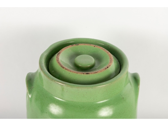 Antique Green Glazed Stoneware Lidded Crock