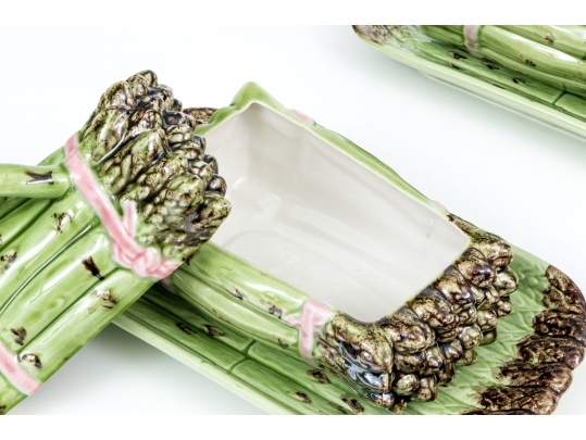 Portuguese Bordallo Pinheiro Hand-Painted Asparagus Form Tureens With Underplates