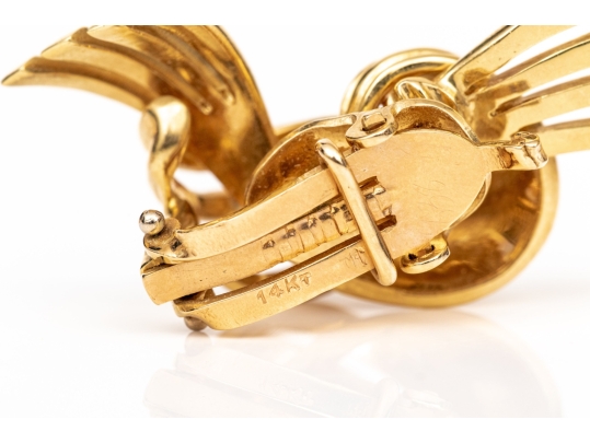 14k Yellow Gold Classic Vintage Knot And Ribbon Matching Earrings And Brooch Set