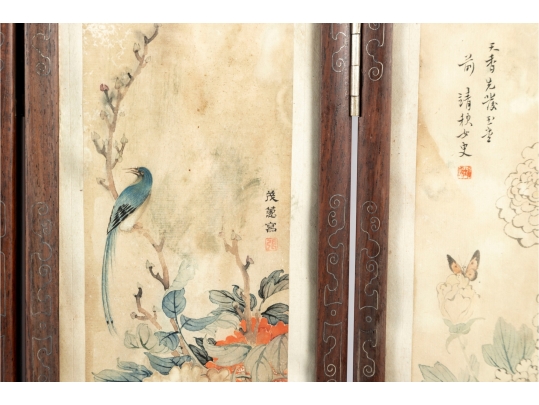 Vintage Chinese Folding Table Screen With Hand-Painted Scenes