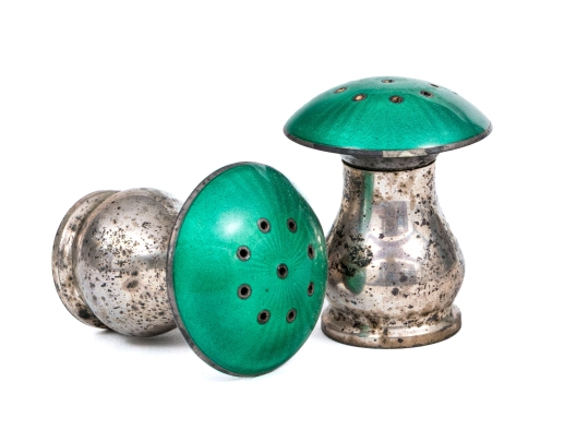 Pair Of Norwegian Enameled Sterling Silver Mushroom Salt And Pepper Casters
