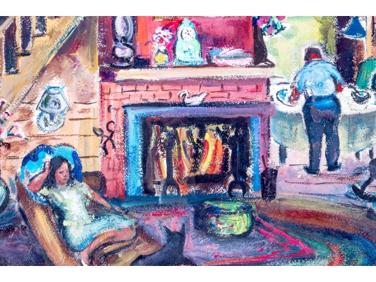 Signed Pastel On Paper, Family Home Interior