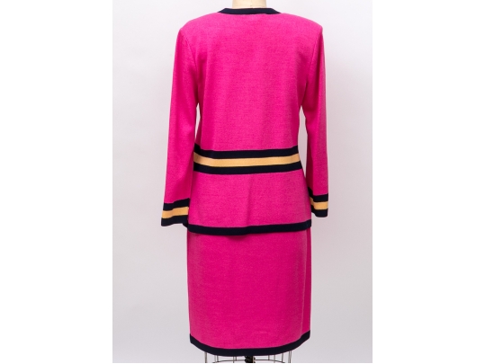 St. John Pink And Navy Blue Cardigan And Skirt Suit, Size 12