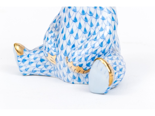 Herend Hungary Hand-Painted Porcelain Sitting Bear, Blue Fishnet Pattern