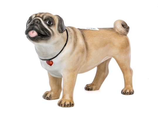 Herend Hungary Hand-Painted Porcelain Pug Figurine, Natural Finish, Red Heart Collar, First Edition