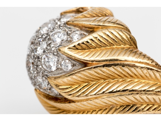 Van Cleef & Arpels 18k Yellow Gold Stunning Vintage Pave Diamond Foliate Ring, Size 3.75