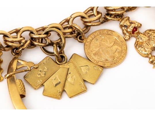 14k Yellow Gold Fabulous Vintage Travel Motif Charm Bracelet, With 14k, 10k And 9k Assorted Charms