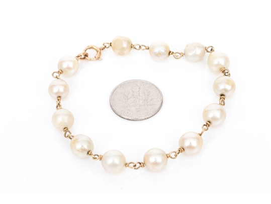 14k Yellow Gold Handsome 7.25mm To 7.75 Mm Cultured Baroque Tin Cup Style Bracelet