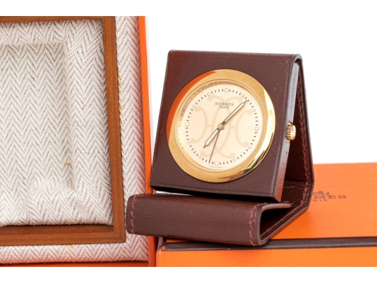 Hermes Diminutive Travel Alarm In Leather Case, Boxed