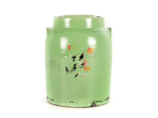 Antique Green Glazed Stoneware Lidded Crock
