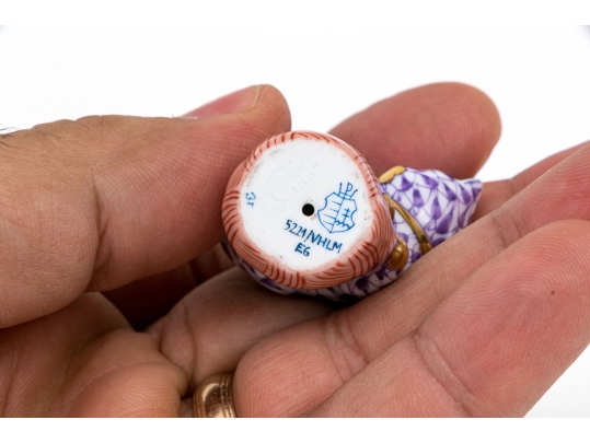 Herend Hand Painted Purple Fishnet Miniature Cat On A Ball Figure 