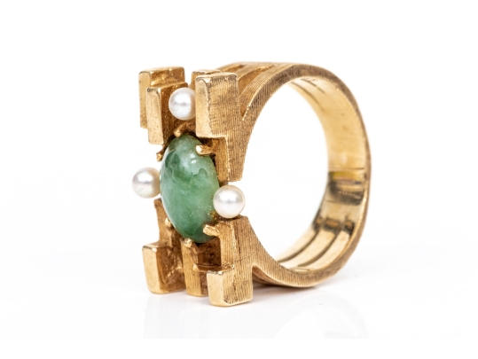 10k Yellow Gold Vintage Brutalist Style Nephrite Jade And Seed Pearl Set Ring, Size 4.75