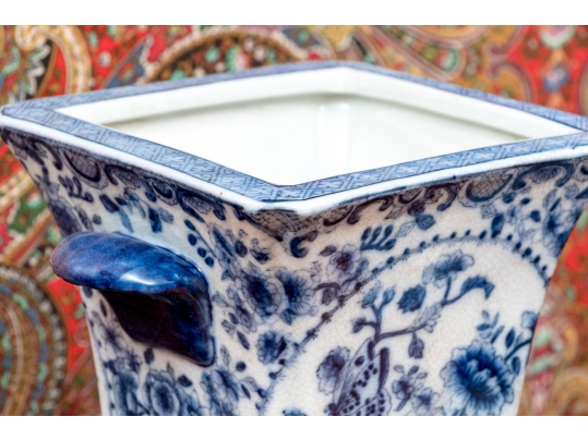 Pair Of Decorative Blue And White Twin Handled Square Beaker Vases