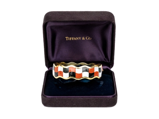 Tiffany & Co. 18k Yellow Gold Angela Cummings Wonderful Inlaid Wave Bangle, With Box
