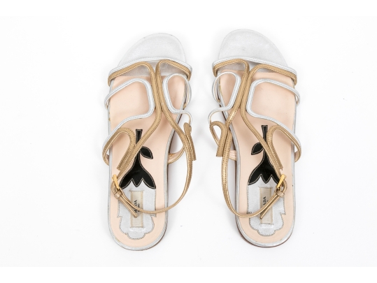 Prada Lovely Silver And Gold Metallic Leather Flat Sandals, Size 37