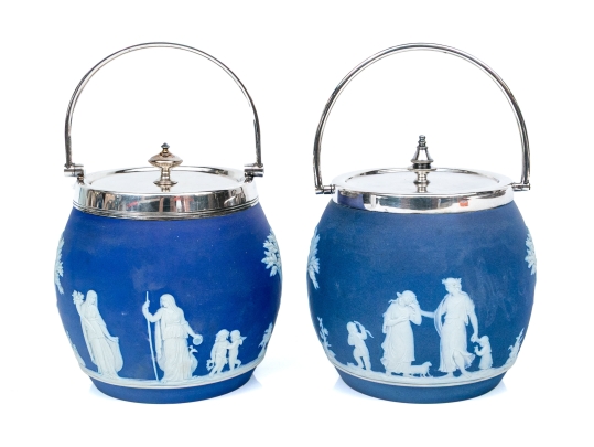 Compatible Pair Of Jasperware Biscuit Jars, Including One Wedgewood