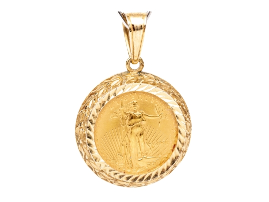 14k Yellow Gold Ornate Coin Holder Pendant With A 2001 $5 American Gold Eagle Coin