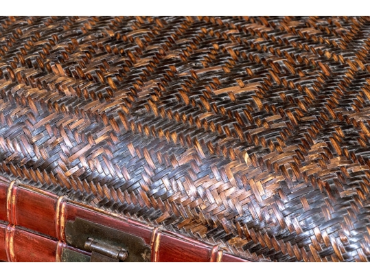 Vintage Chinese Woven Rattan And Lacquered Pillow Form Lidded Storage Box