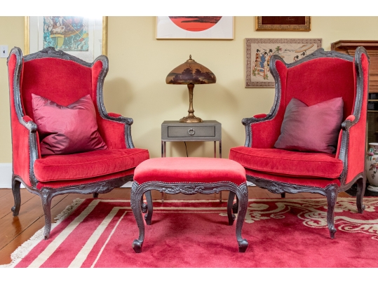 Pair Of Custom Upholstered Queen Anne Style Armchairs With Associated Ottoman