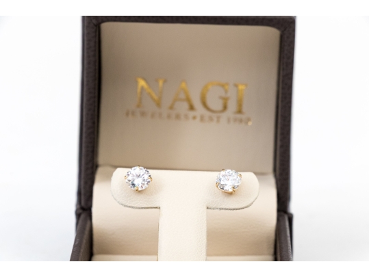 Pair Of 14K Yellow Gold And CZ Earrings, Boxed