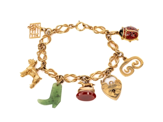 14k Yellow Gold Fun Rope Motif Vintage Charm Bracelet, With 14k And 9k Assorted Charms