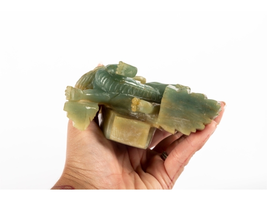 Carved Green Jade Dragon And Qilin Sculpture On Wood Base