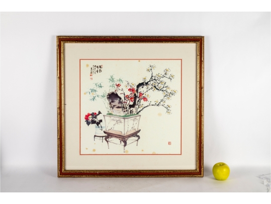 Framed Chinese Watercolor Painting Of Potted Flowers