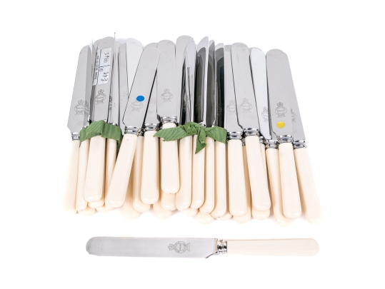 Set Of 29 English Sheffield Dinner Knives With Celluloid Handles