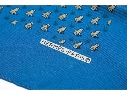Hermès Fun Blue And Grey Frog Motif Silk Pocket Square/ Neck Scarf