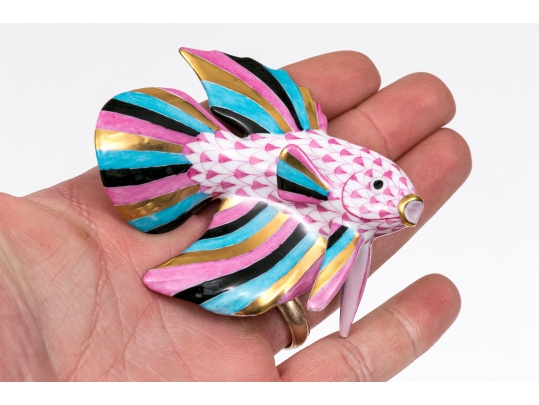 Herend Hungary Hand-Painted Porcelain Fish Figure, Pink Fishnet Pattern With Multicolor Fins