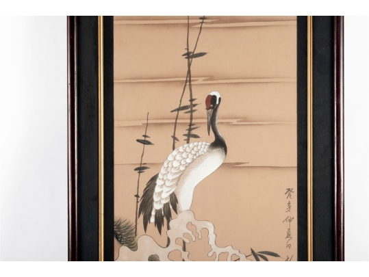Pair Of Framed Asian Paintings On Silk Of Cranes