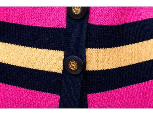 St. John Pink And Navy Blue Cardigan And Skirt Suit, Size 12