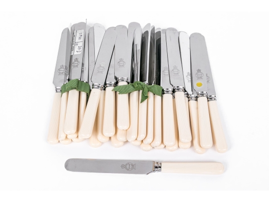 Set Of 29 English Sheffield Dinner Knives With Celluloid Handles