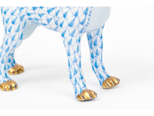 First Edition Herend Hungary Hand-Painted Porcelain Boxer Dog Figure, Blue Fishnet Pattern