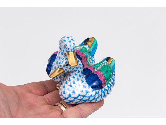 Herend Hungary Hand-Painted Porcelain Ducks – Blue Fishnet With Polychrome Feathers