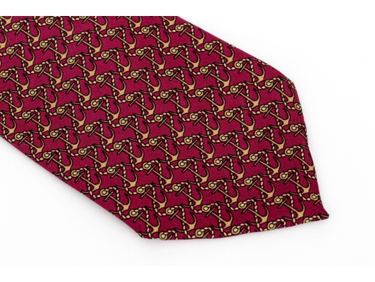 Hermes Burgundy And Gold Anchor Motif Silk Tie, With Box