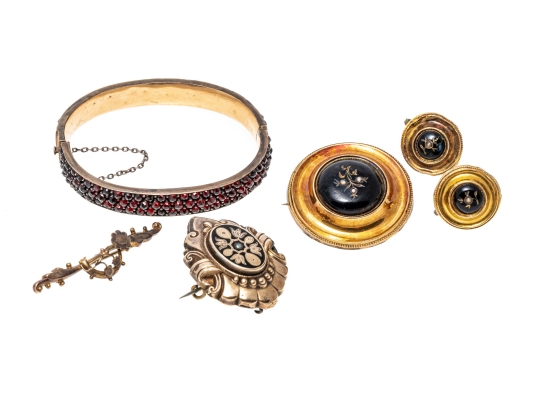 Collection Of Victorian Mourning Jewelry, Gold Filled And 9K