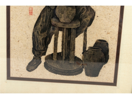 Pair Of Framed Asian Ink Drawings On Textured Paper