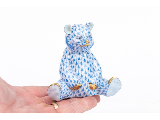 Herend Hungary Hand-Painted Porcelain Sitting Bear, Blue Fishnet Pattern