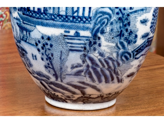 Pair Of Decorative Chinese Porcelain Ginger Jars With Wood Lids